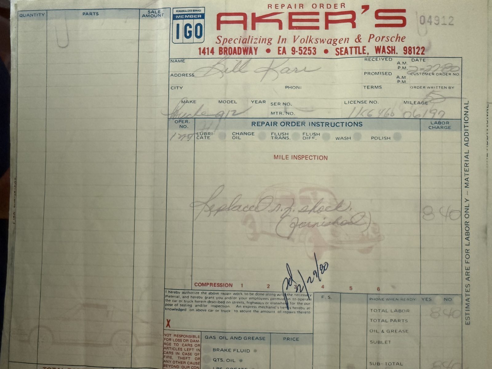 Akers repair order, service record