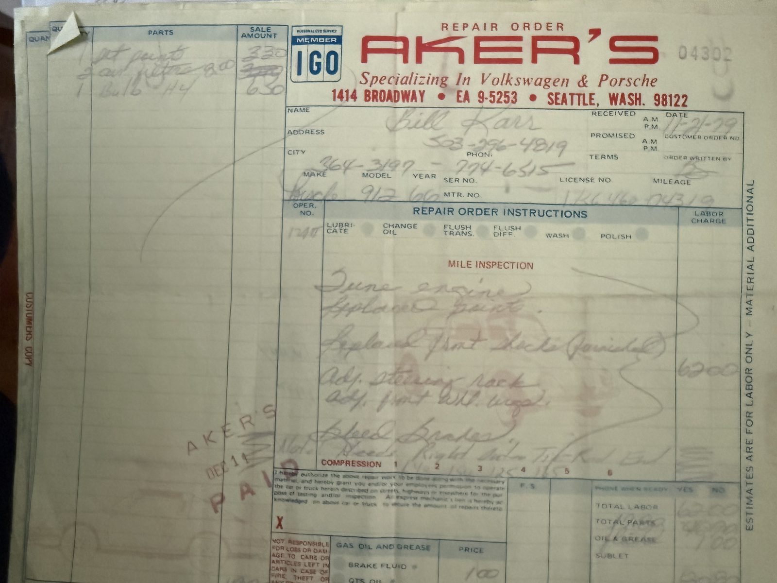 Akers repair order, service record