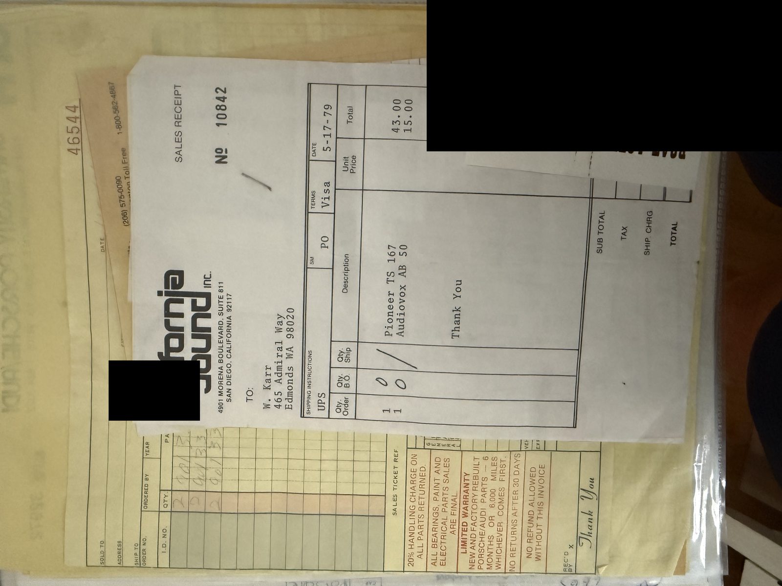 1979 car-audio sales receipt from California Sound Inc., shipped to a previous owner in Edmonds, WA