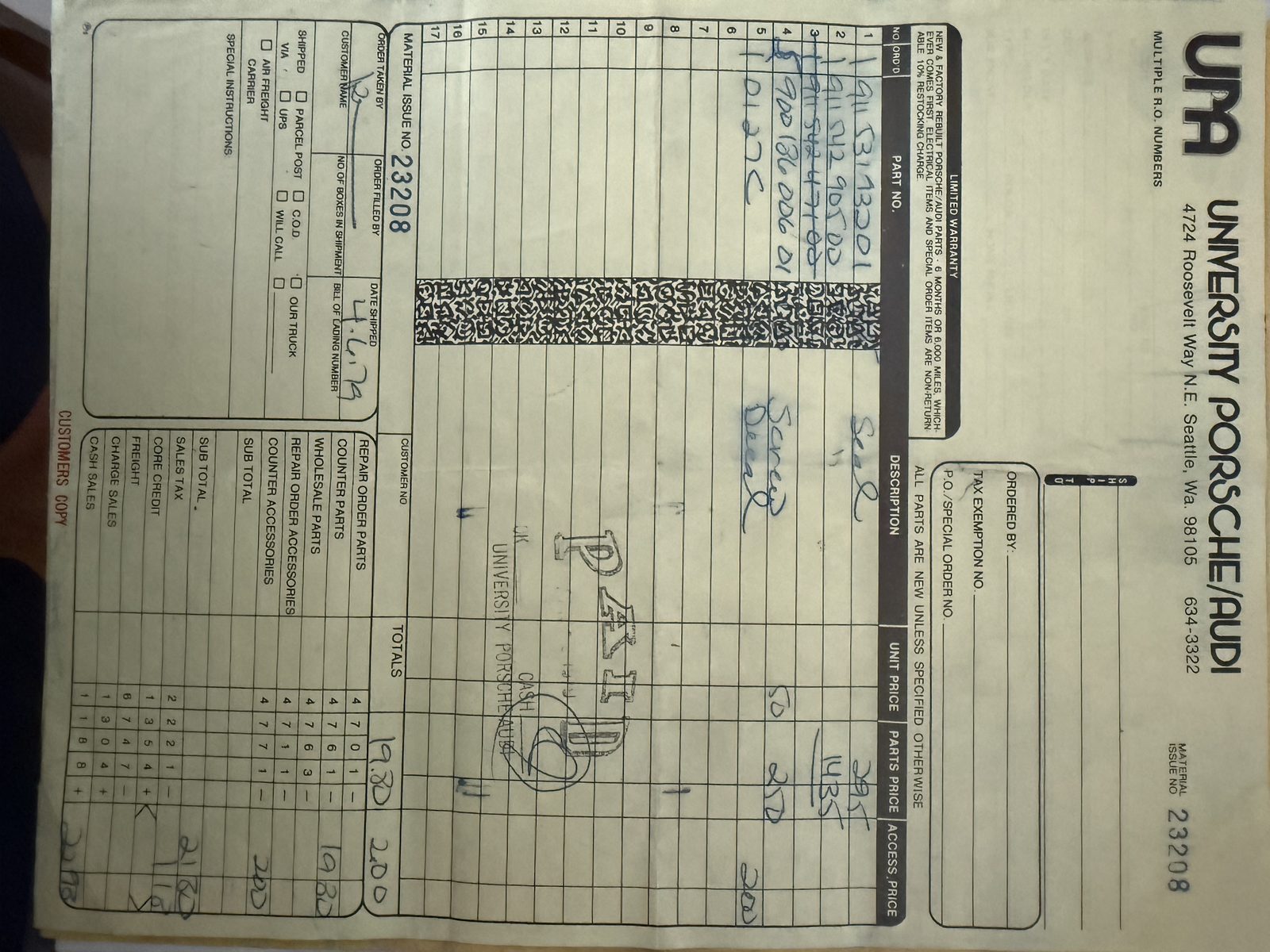 University Porsche/Audi service record