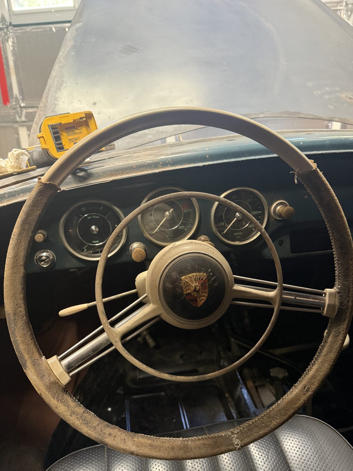 356A dashboard with all three instruments still installed, seen past the steering wheel